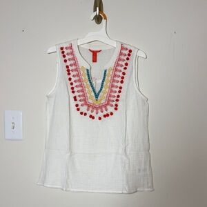 Chelsea & Violet White Embroidered Sleeveless Tank with Red Pom Trim